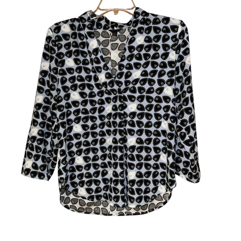 Ann Taylor Women's Blouse Size Small Blue White Leaf Print Long‎ Sleeve Office